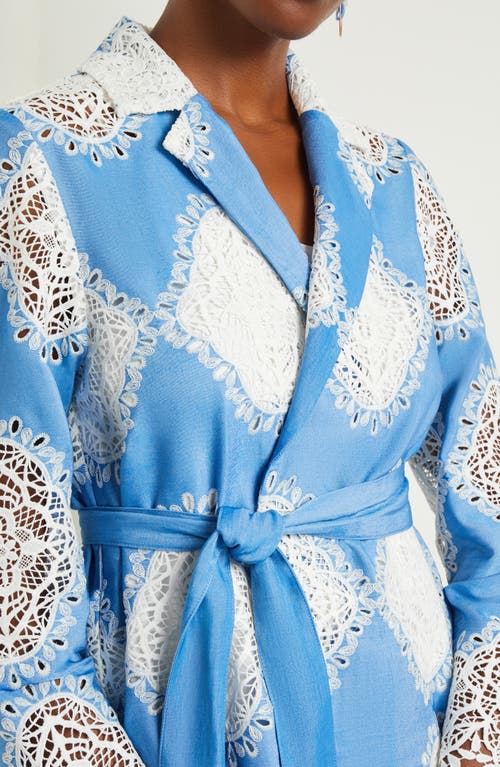 Shop Misook Heritage Lace Inset Tie Waist Jacket In Adriatic Blue/white