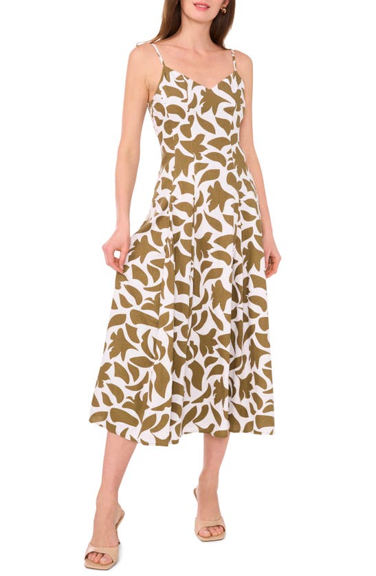 Shop Halogen (r) Floral Godet Pleat Linen Blend Midi Dress In Olive Drab