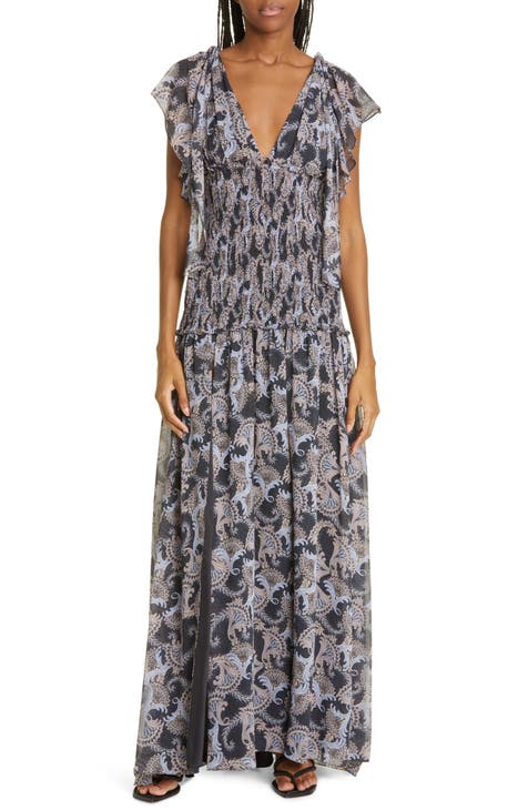 Kris Paisley Print Smocked Chiffon Maxi Dress