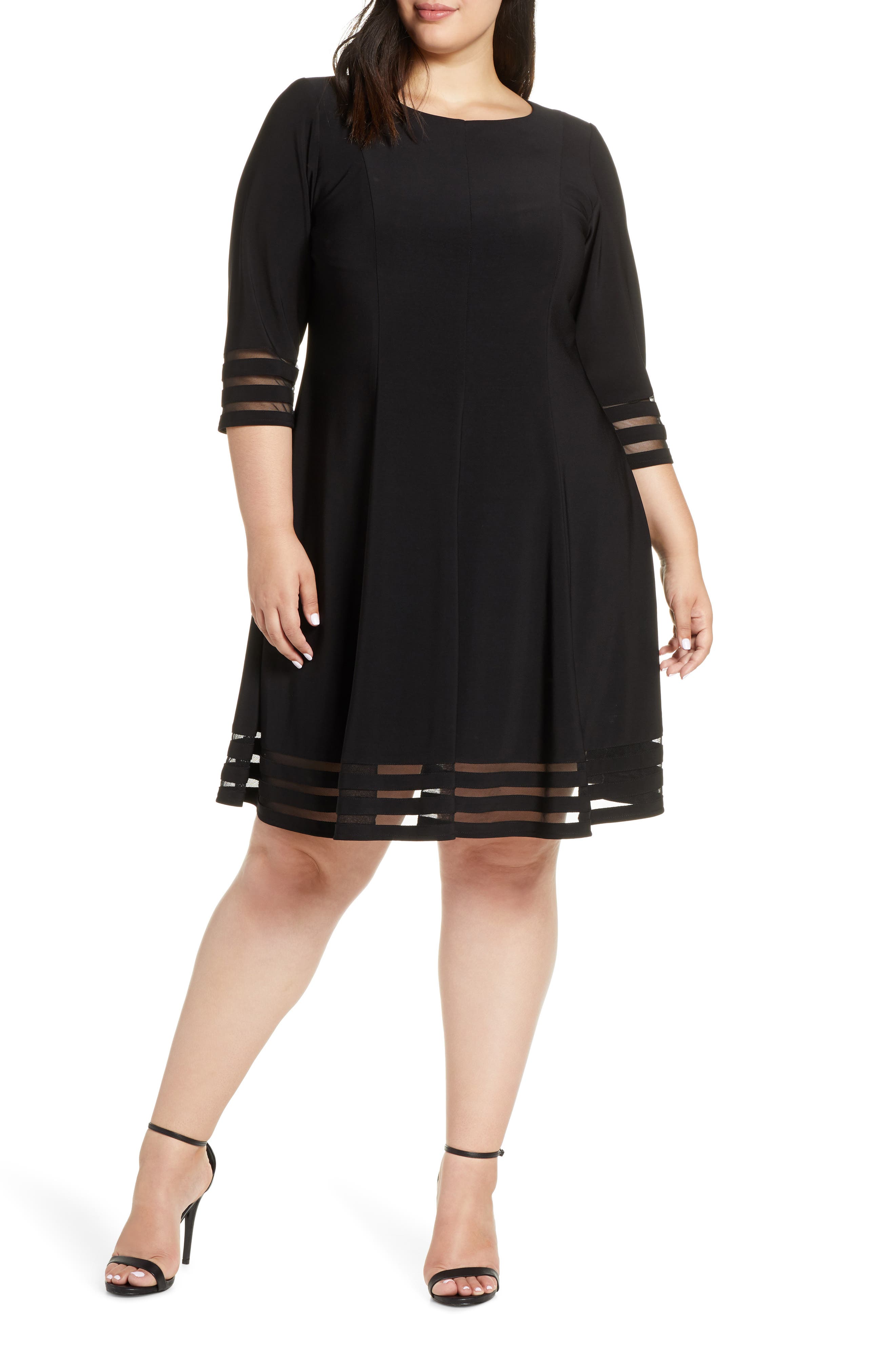 Plus Size Eliza J Mesh Inset Fit & Flare Dress, Black