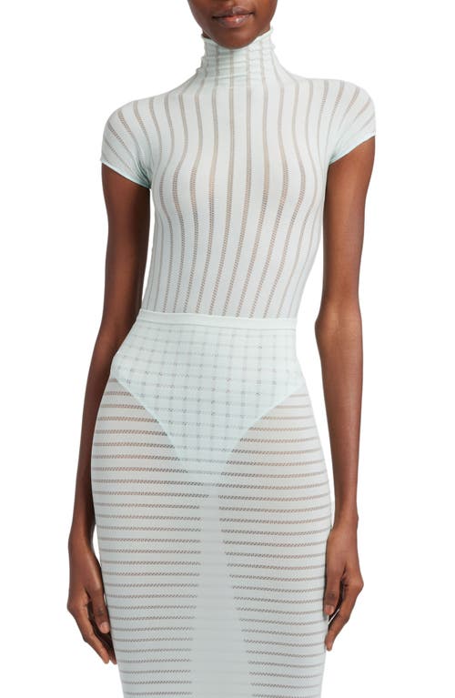 Alaïa Pointelle Stripe Funnel Neck Thong Bodysuit Menthe at Nordstrom, Us