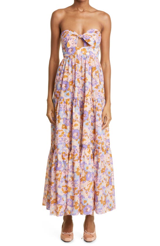 Zimmermann Floral Print Cutout Strapless Tiered Cotton Midi Dress In ...