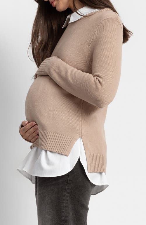 Seraphine Crewneck Maternity Sweater & Button-up Shirt Set In Camel