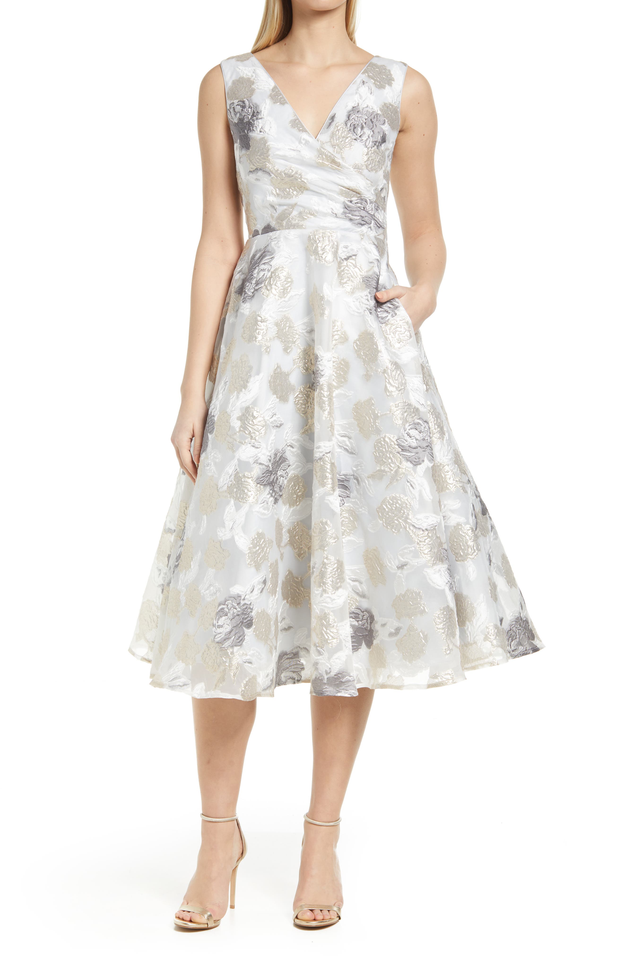 Eliza J Floral Sleeveless Faux Wrap 