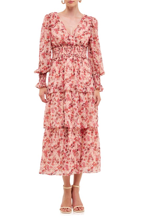 Endless Rose Floral Print Tiered Ruflle Long Sleeve Maxi Dress In Pink Multi