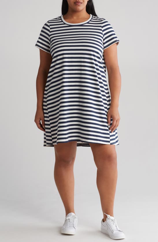 Melrose And Market Stripe Short Sleeve T-shirt Dress In White- Navy Stripe