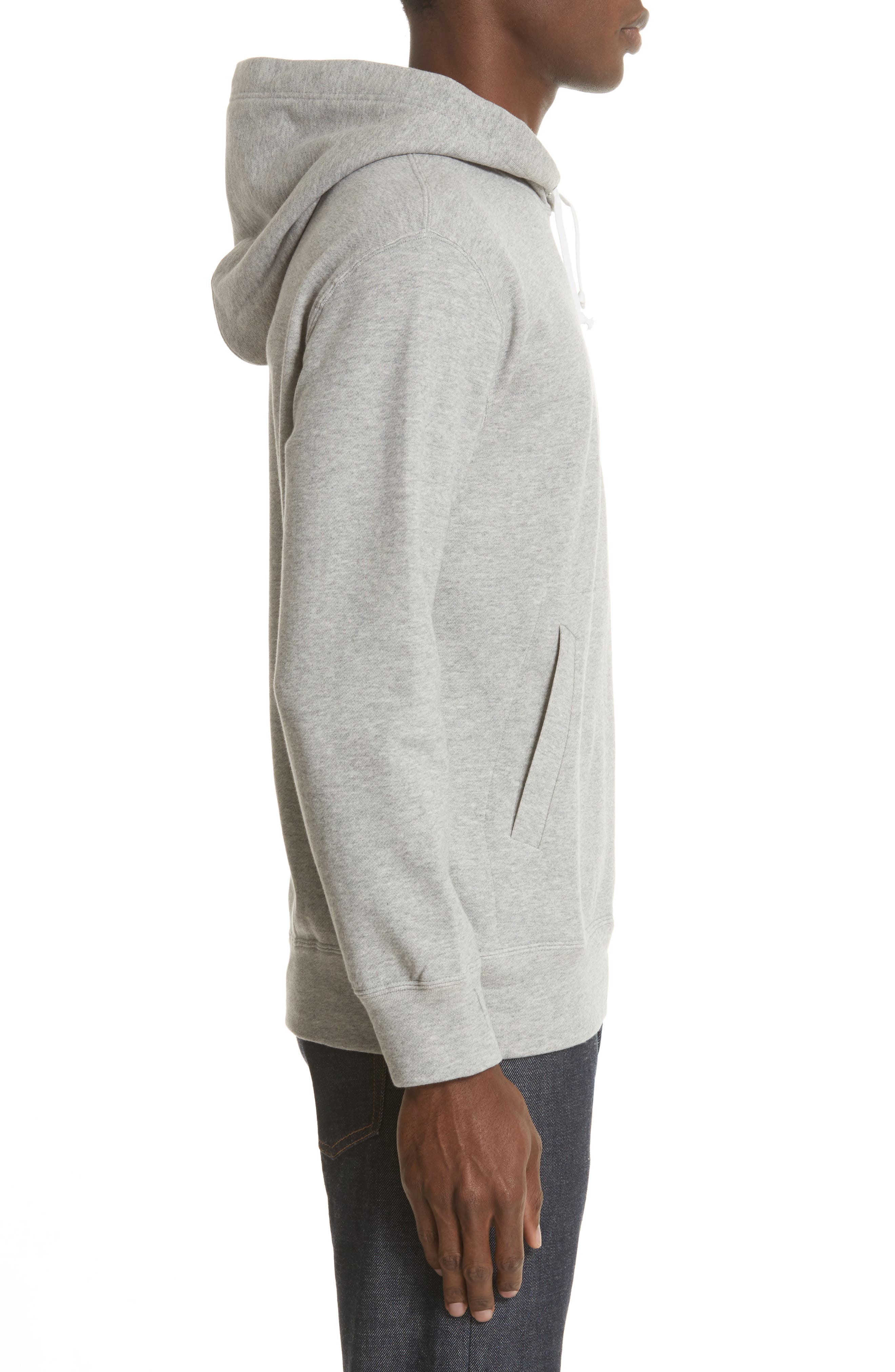 grey hoodie with red hood