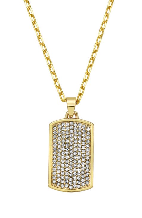 Men's 14K Gold Plated Pavé Cubic Zirconia Dog Tag Pendant Necklace