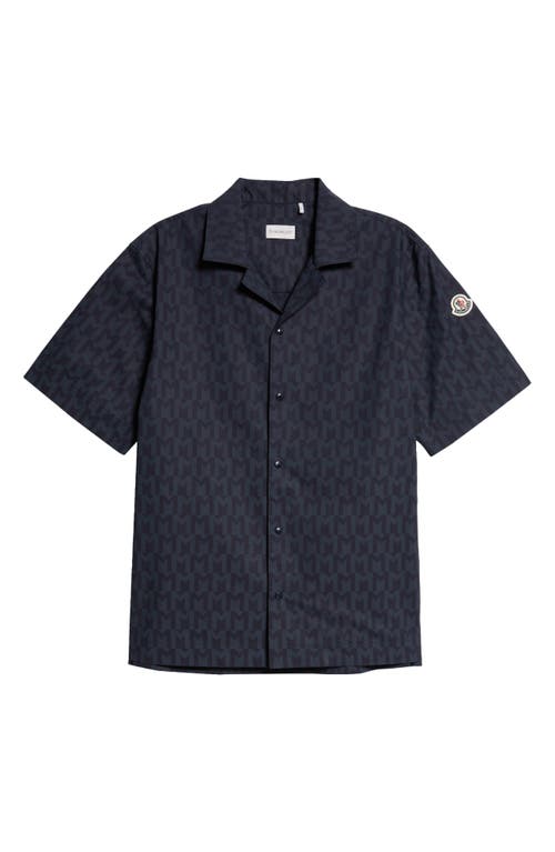 Shop Moncler Monogram Print Cotton Camp Shirt In Bright Blue