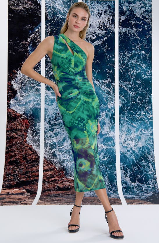 Shop Donna Morgan For Maggy One-shoulder Midi Dress In Green/ Ink Blue