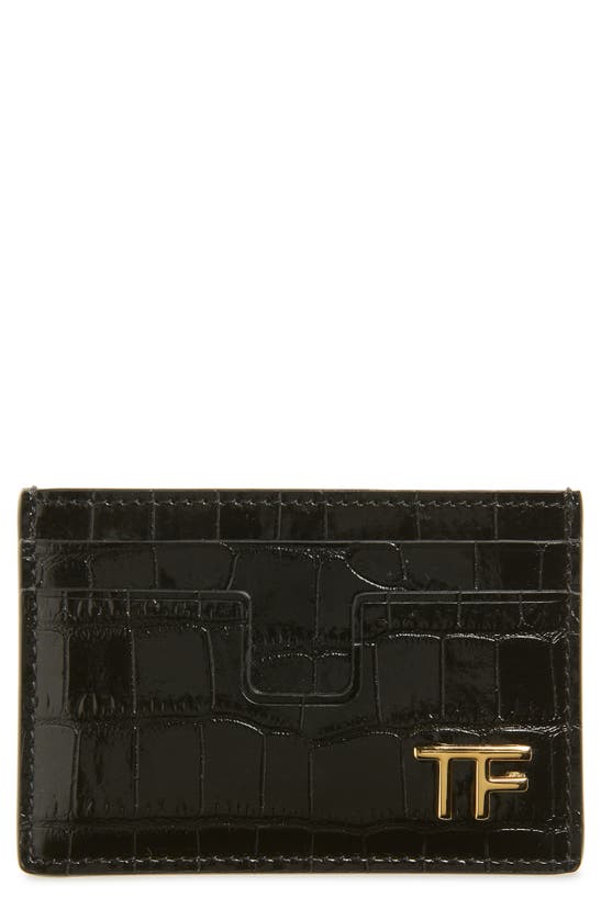 Tom Ford T-line Croc Embossed Leather Card Case In Black