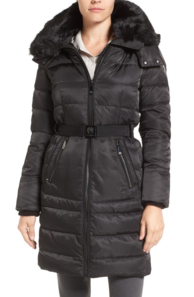 Vince Camuto Belted Puffer Coat with Removable Faux Fur Trim & Hood ...