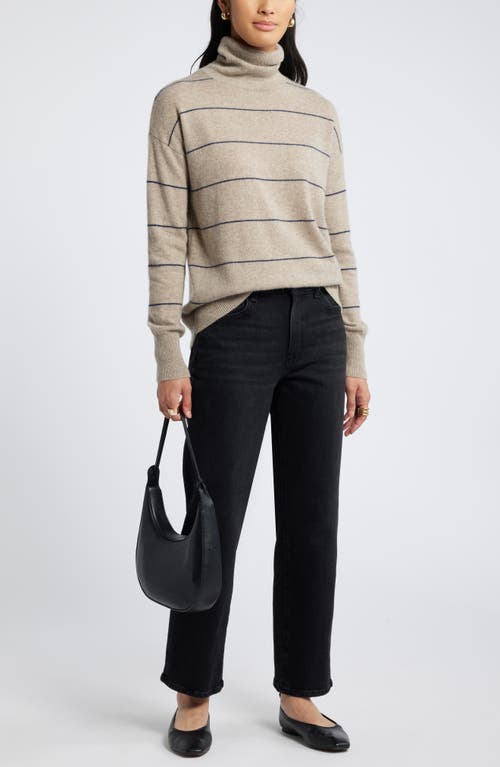 Shop Nordstrom Cashmere Turtleneck Sweater In Beige- Navy Spaced Stripe