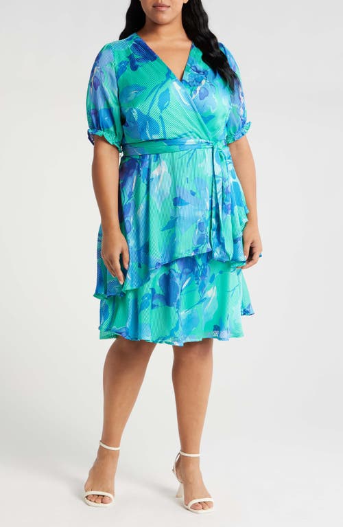 Tahari ASL Floral Shadow Stripe Satin Dress Multi Blue at Nordstrom,