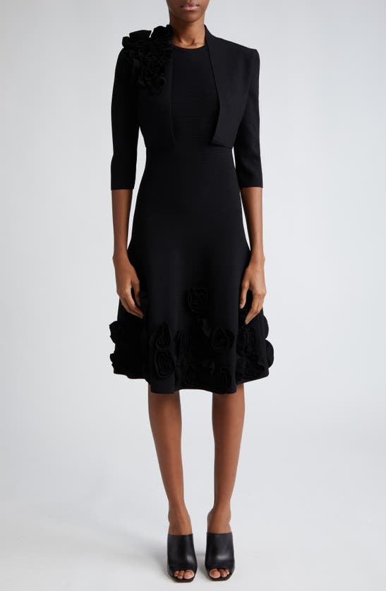 Lela Rose Penelope Midi Dress With Floral Applique Detail In Black