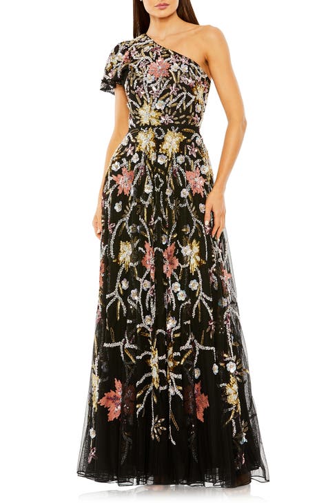 Sequin Floral One-Shoulder Mesh A-Line Gown