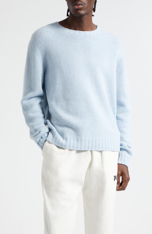 Palm Angels Embroidered Curved Logo Wool Blend Sweater Light Blue White at Nordstrom,