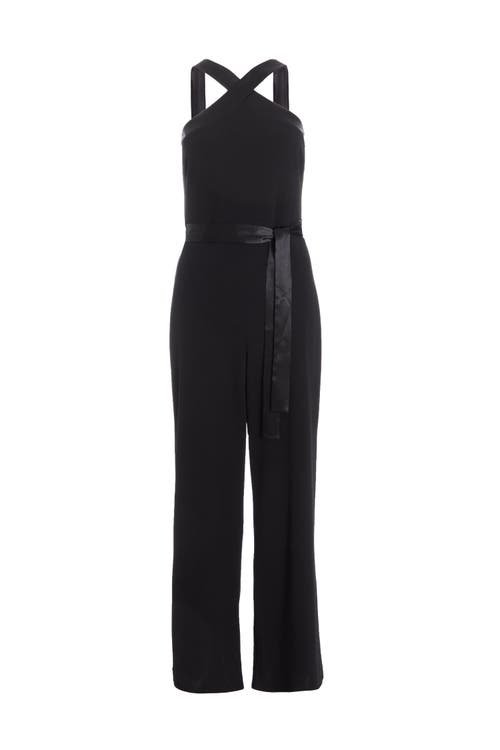 Quiz Scuba Crepe Halter Jumpsuit With Satin Trim In Black