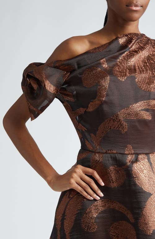 Shop Lela Rose Evelyn Asymmetric Neck Metallic Jacquard Dress In Chestnut