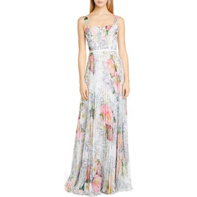 Marchesa Notte Floral Pleated Tulle Gown, Ivory