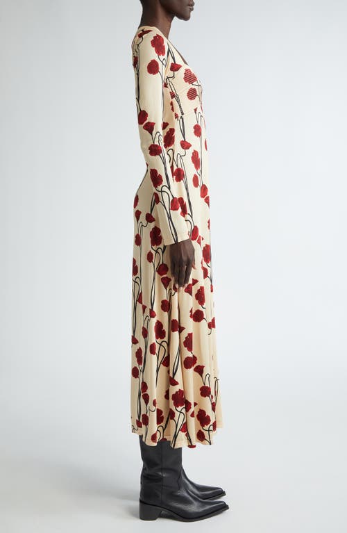 Johanna Ortiz Scarlet Letter Long Sleeve Midi Dress In Papaver Somniferum/ecru