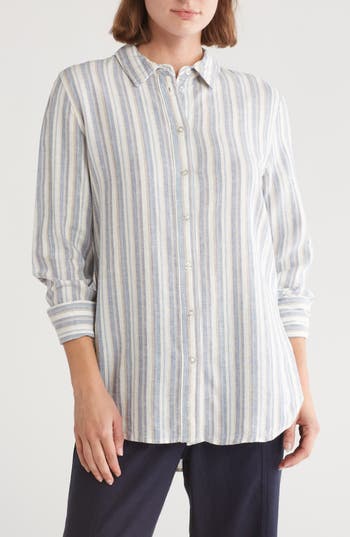 Ellen Tracy Linen Blend Button-up Shirt In Gray