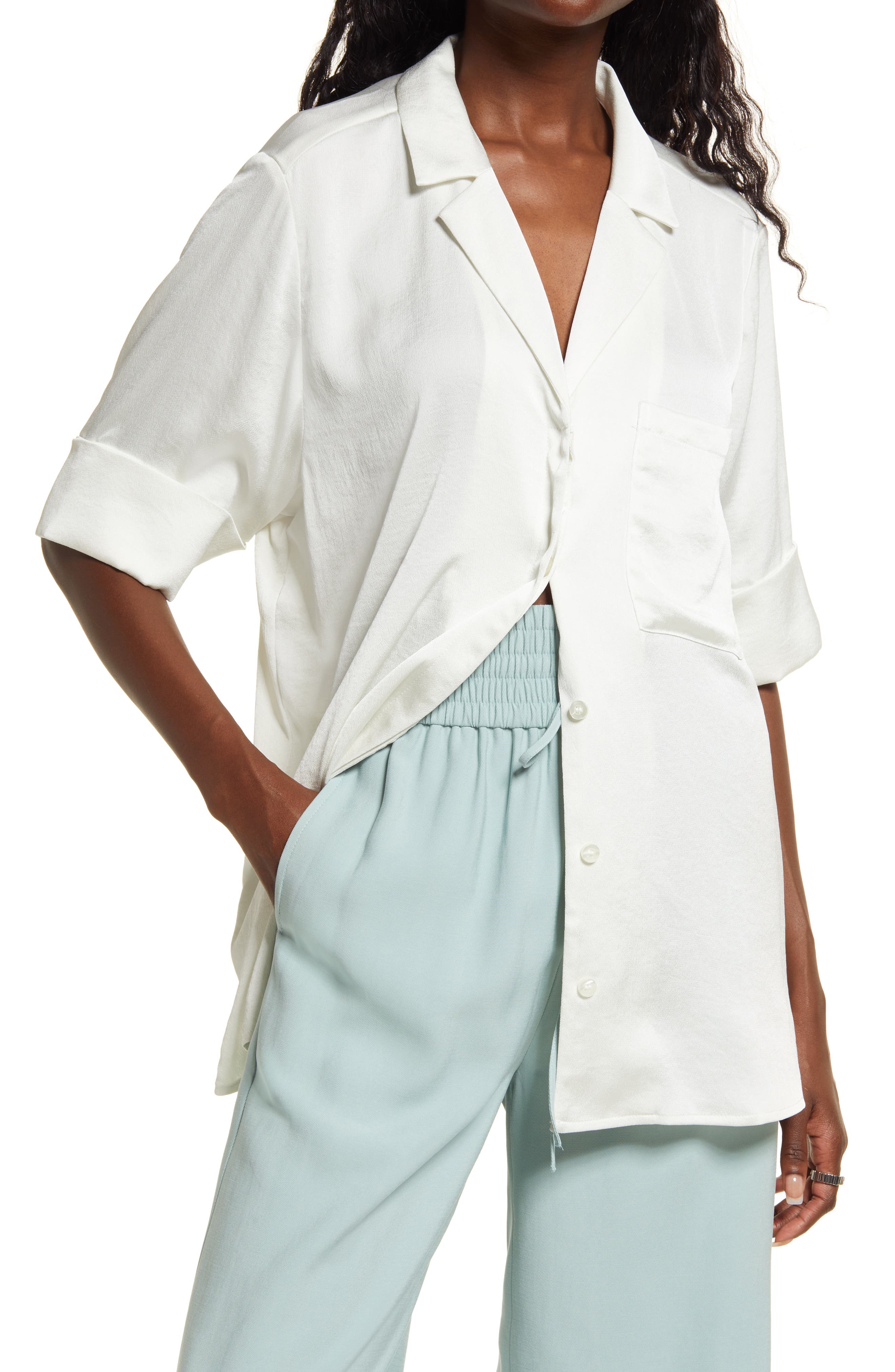 Open Edit Satin Camp Shirt | Nordstrom