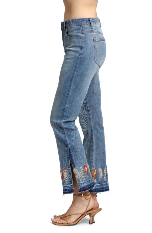 Apny Feather Embroidered Release Hem Mid Rise Flare Jeans In Medium Indigo