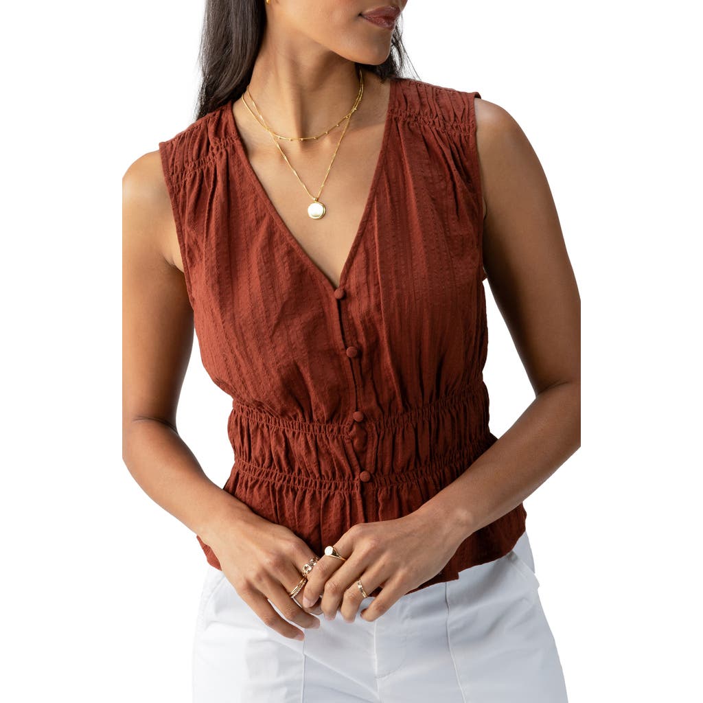 Sanctuary Shirred Cotton Dobby Button-up Top In Rich Clay