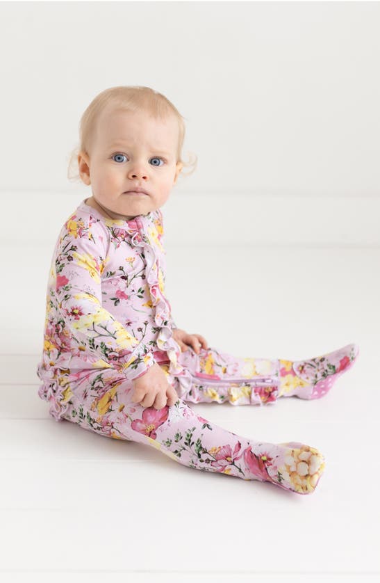 Shop Posh Peanut Gaia Ruffled Fitted Footie Pajamas In Bright Pink