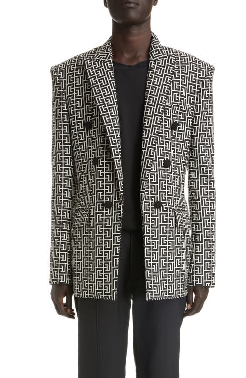 Balmain Monogram Jacquard Double Breasted Cotton Blazer in Ivory/Black at Nordstrom, Size 40 Us