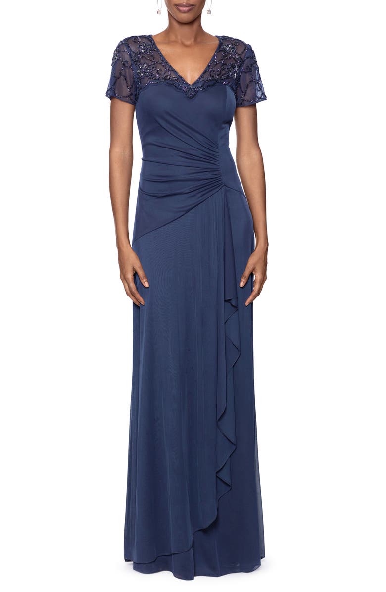 Xscape Beaded Short Sleeve Ruched Gown | Nordstrom