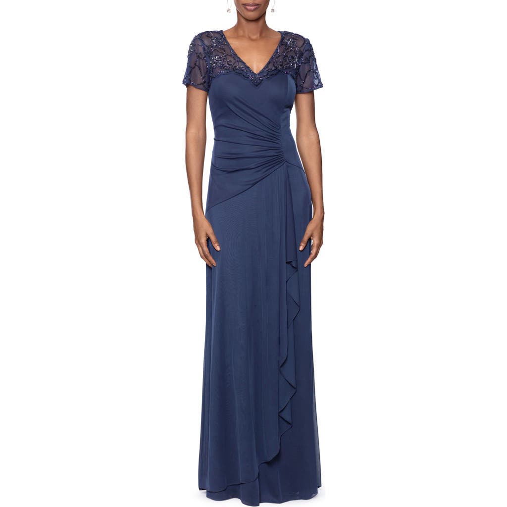 Xscape Evenings Beaded Short Sleeve Ruched Gown In Charcoal Blue