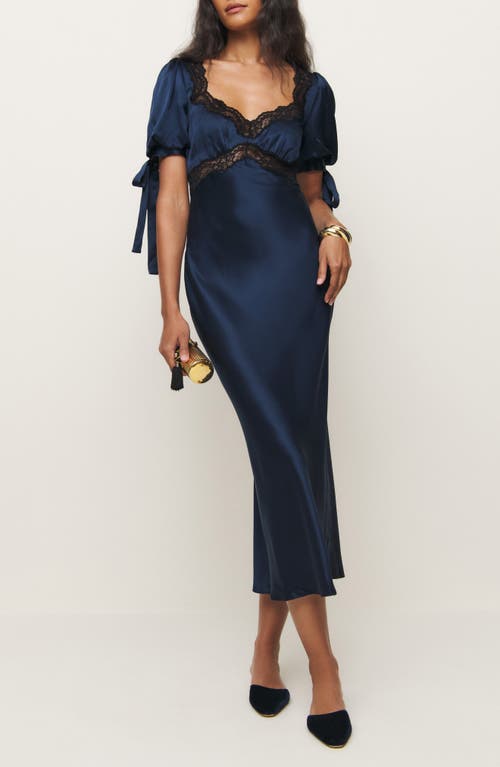 Shop Reformation X Kacey Musgraves Stella Lace Trim Silk Midi Dress In Navy