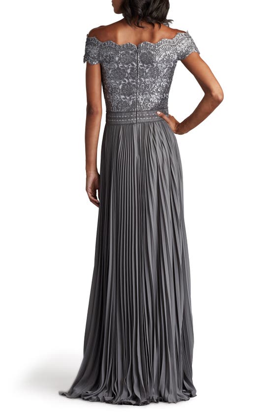 Shop Tadashi Shoji Off The Shoulder Sequin Lace Pleated Gown In Mist