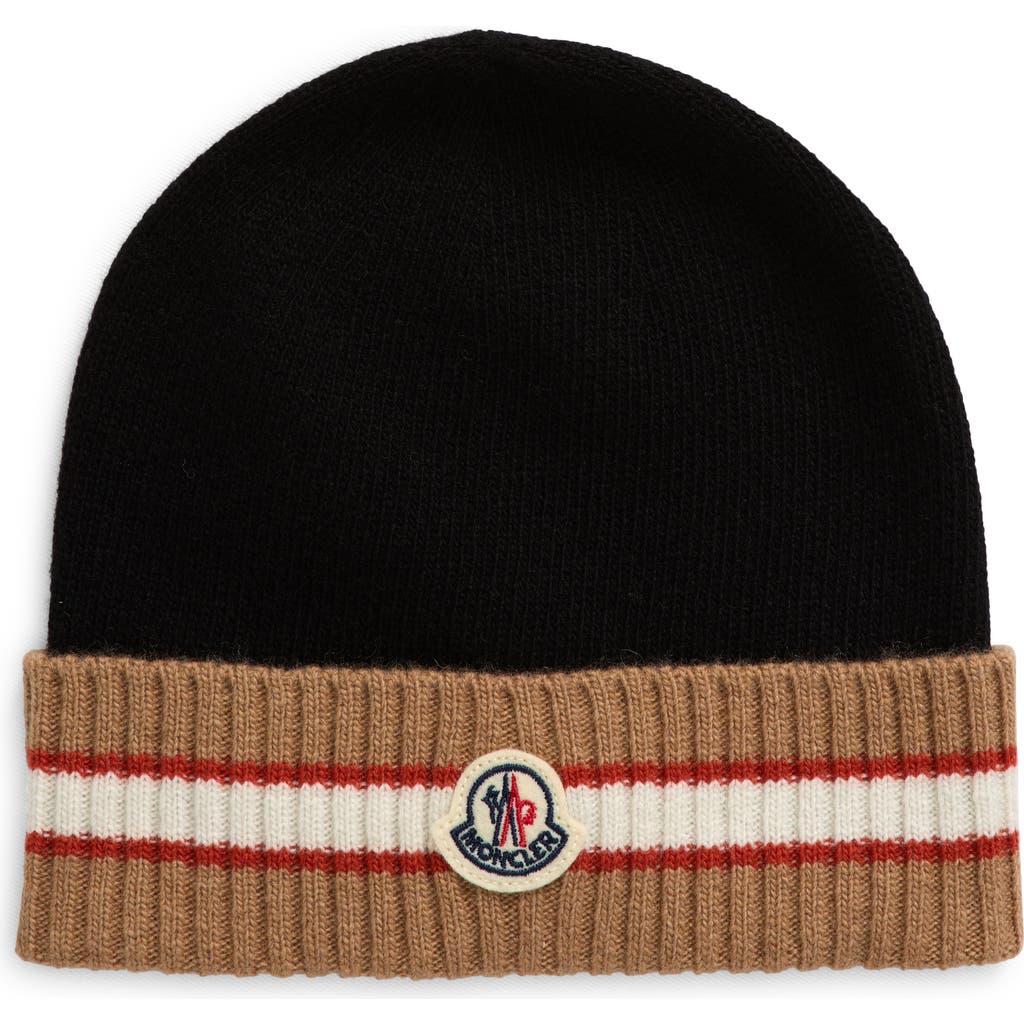 Moncler Kids' Stripe Cuff Wool Knit Beanie In Black