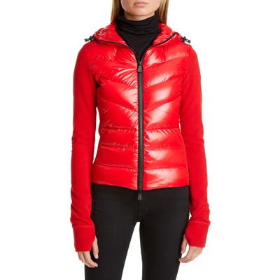 Moncler Quilted Down Front Hooded Fleece Jacket, Red