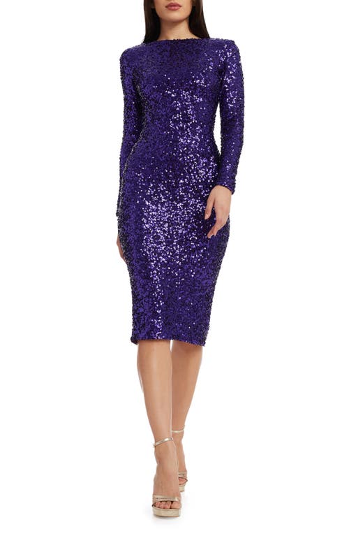 Dress the Population Emery Long Sleeve Sequin Cocktail Midi Violet at Nordstrom,