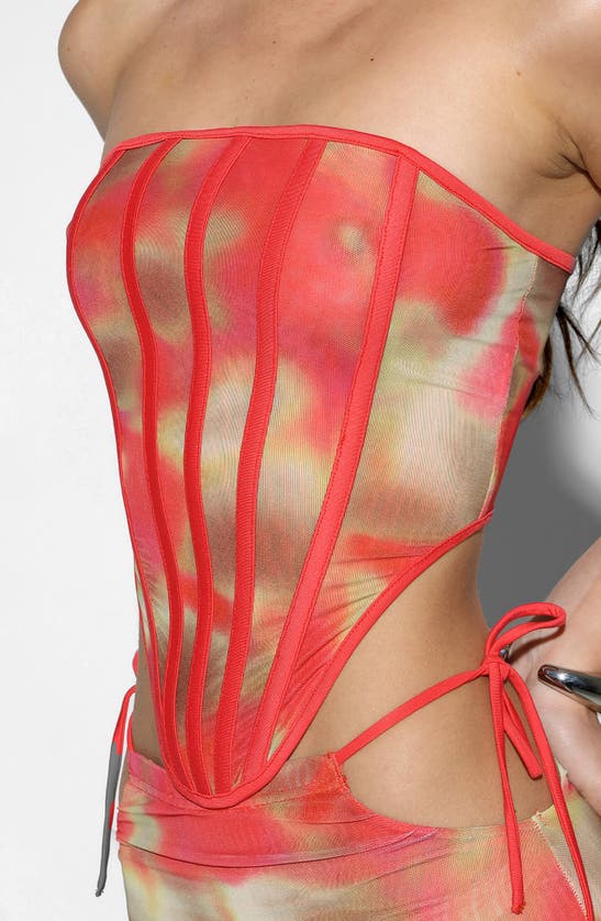 Shop By.dyln Khloe Corset Top In Red Printed Mesh
