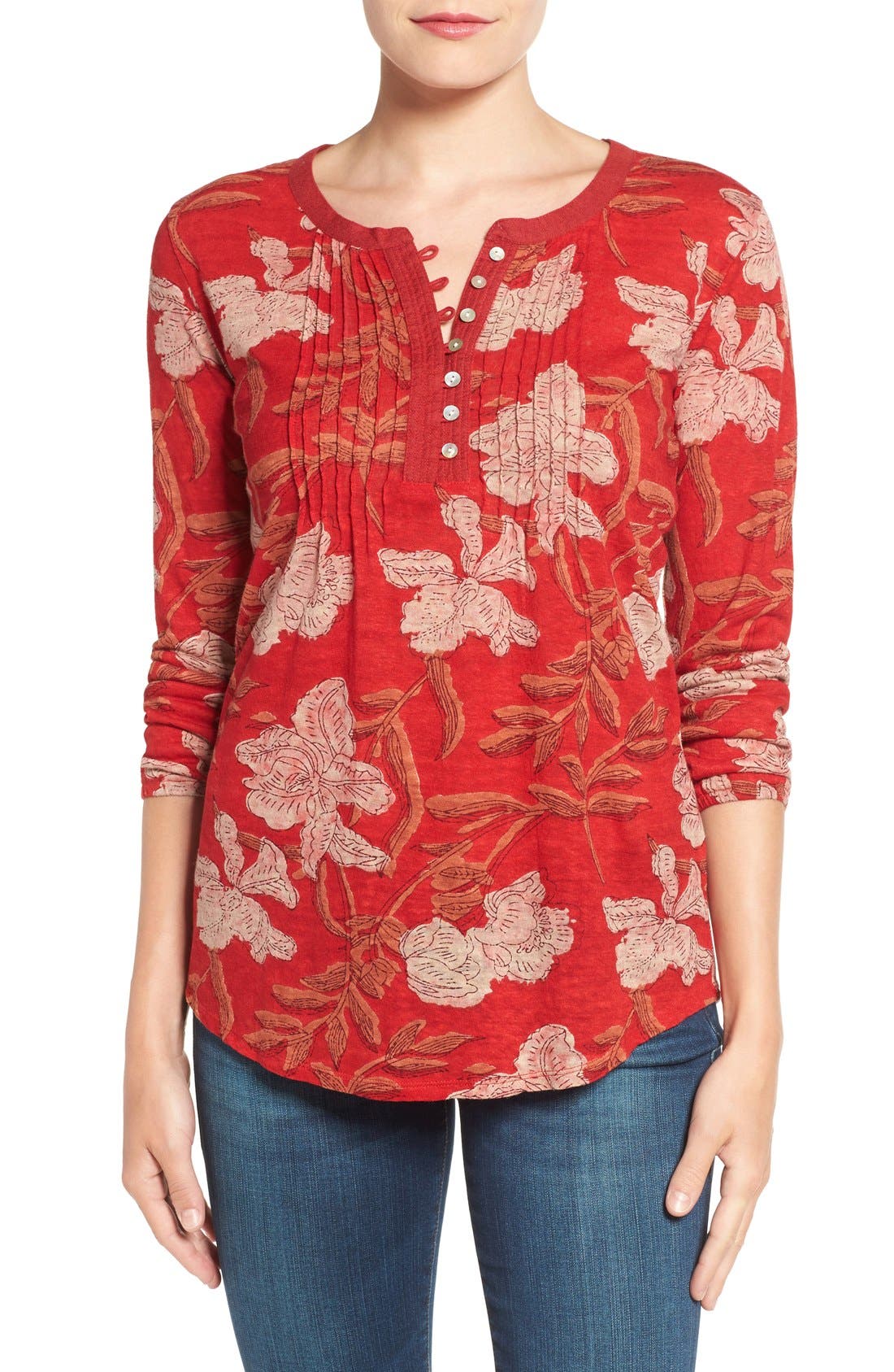 Lucky Brand Pintuck Floral Print Henley Top Nordstrom