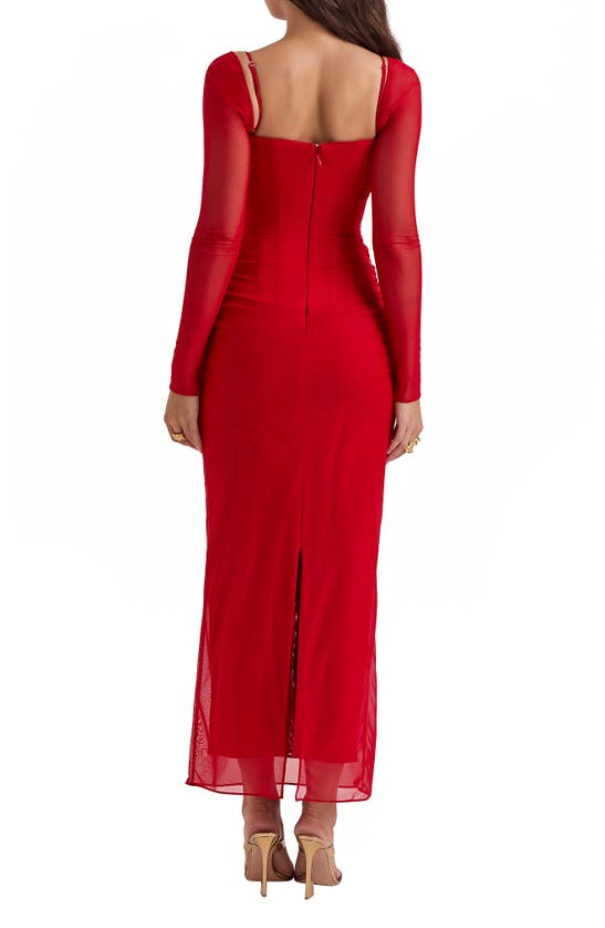 House Of Cb Katrina Lace Mesh Long Sleeve Gown In Red
