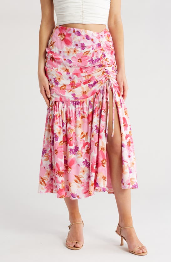 Lulus Flourishing Favorite Floral Ruched Maxi Skirt In Pink