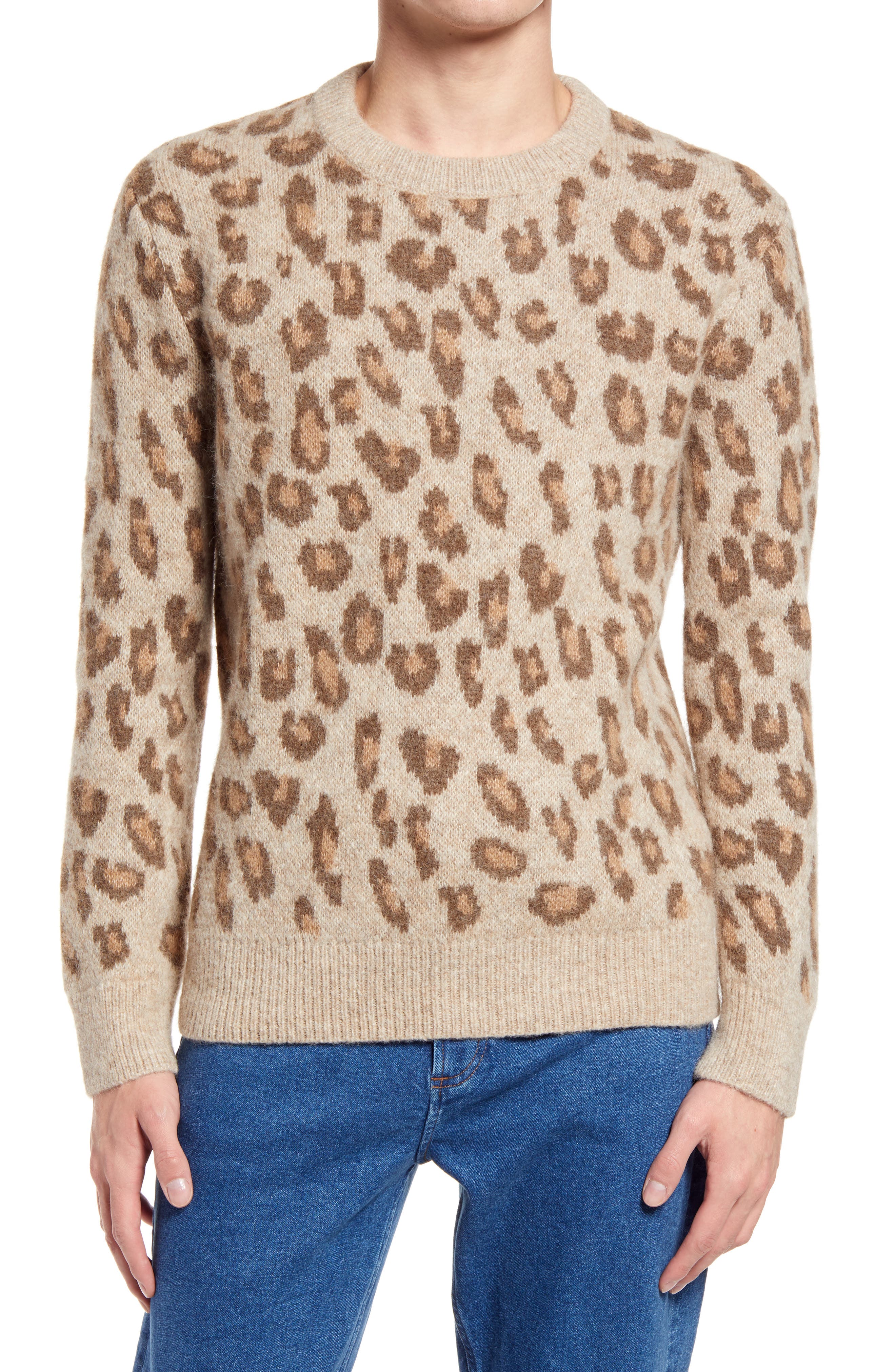 A.p.c. Designer Nans Leopard Pattern Crewneck Alpaca Blend Sweater In Cac Marron Glace