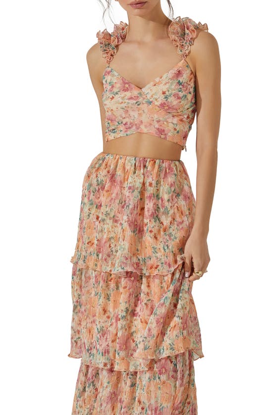 Shop Astr The Label Floral Ruffle Strap Plissé Crop Top In Green Orange Multi