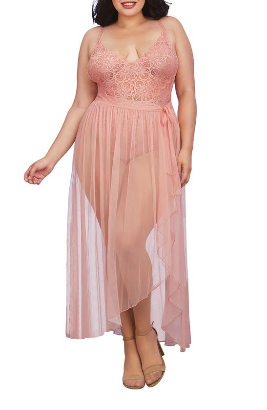 Dreamgirl Lace Teddy & High Waist Skirt In Vintage Rose