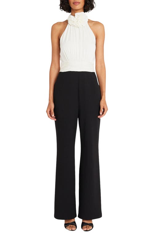 Maggy London Rosette Cutaway Wide Leg Jumpsuit In Ivory/black