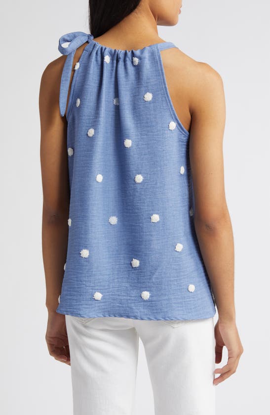 Loveappella Tie Shoulder Sleeveless Top In Chambray