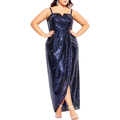 Plus Size City Chic Siren Sequin Convertible Strapless Gown, Blue