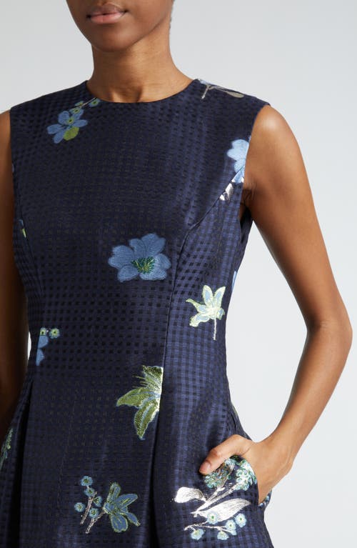 Shop Lela Rose Betsy Metallic Floral & Gingham Jacquard Dress In Navy