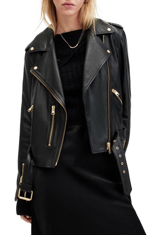 AllSaints Balfern Belted Leather Biker Jacket Black/Gold at Nordstrom, Us